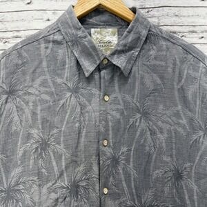 Tasso Elba Island Button Shirt SS Silk Linen Gray Hawaiian Palms Men's 2XL NEW